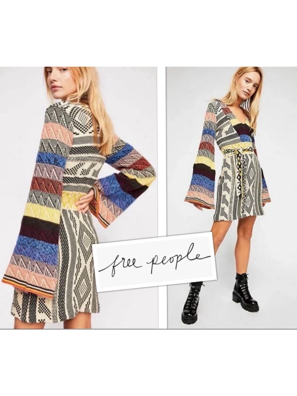 Free People Crochet Boho Coastal Cowgirl Patchwork Knit Mini Dress size Med